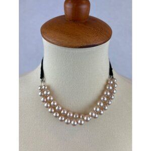 Double Strand Faux Pearl Necklace Choker Black Ribbon Tie